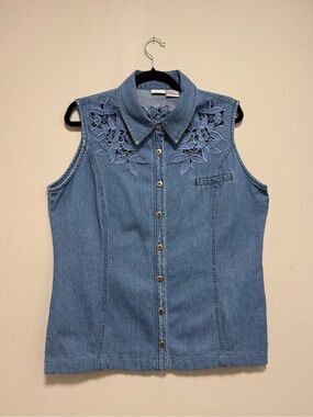 Blue Denim Sleeveless Top with Floral Cutwork
